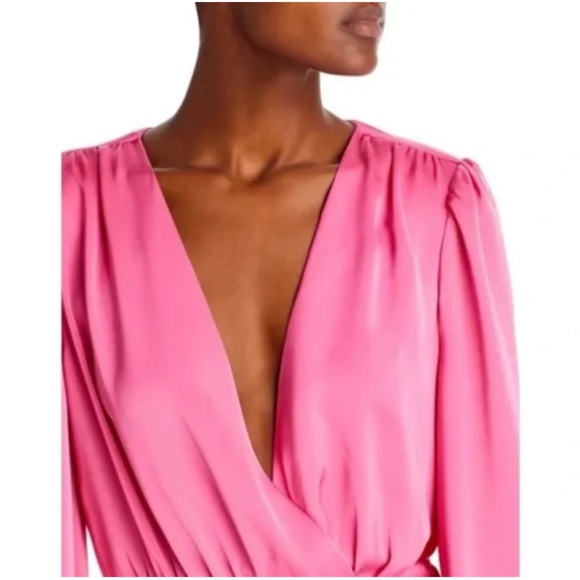Ramy Brook Bright Pink Long-Sleeve Ruched V-Neck Mini Dress - Picture 2 of 6